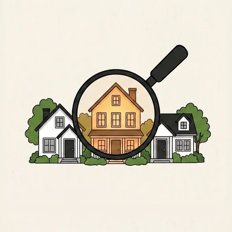 Illustration of a magnifying glass comparing three neighboring homes