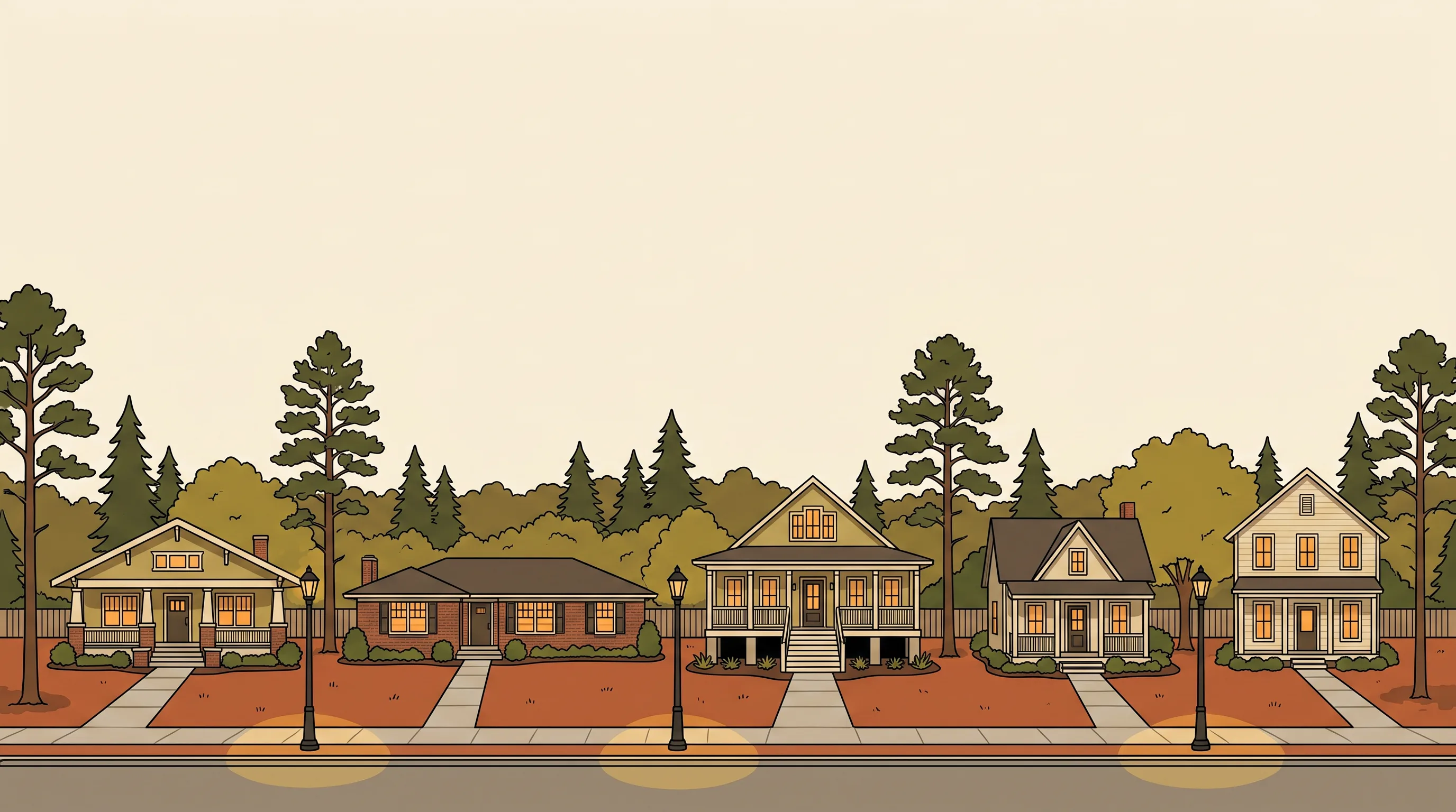 Illustration of a residential street at dusk, every window glowing