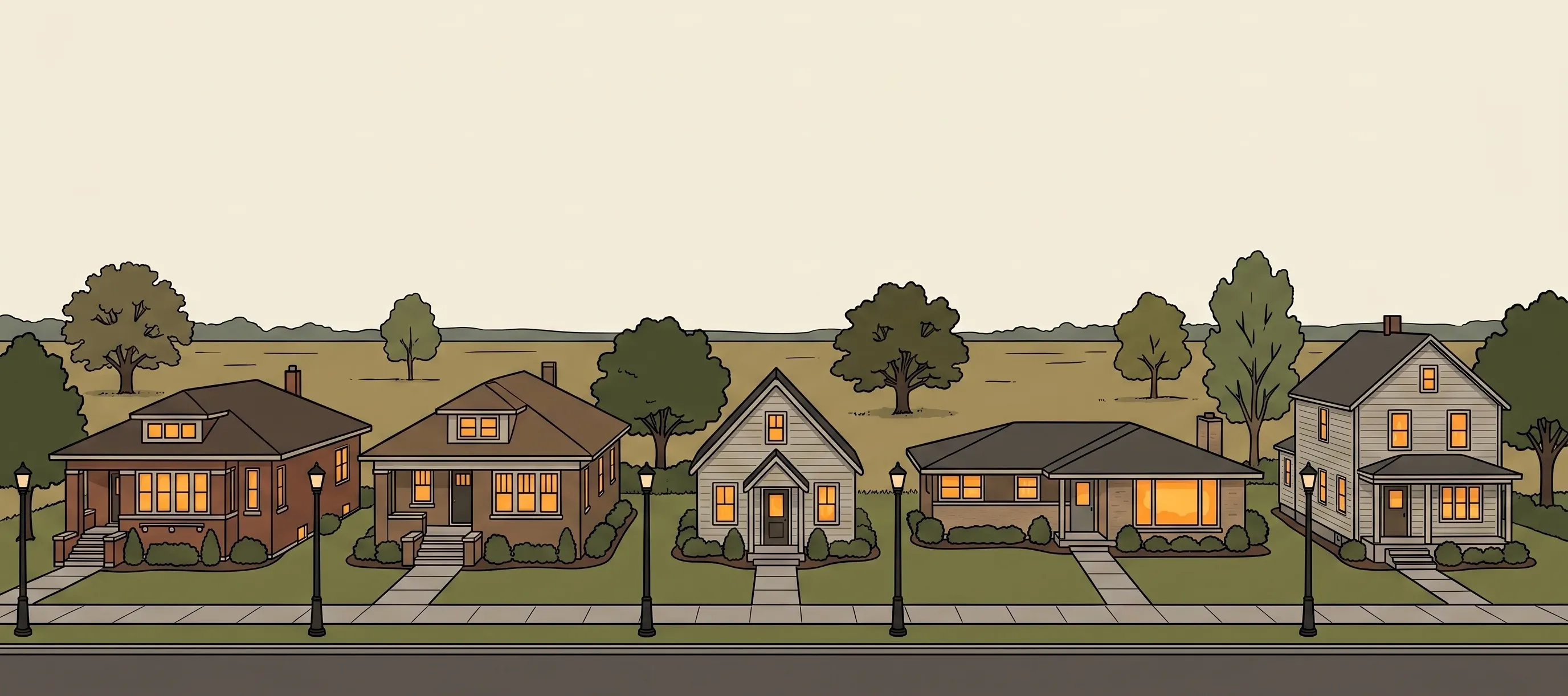 Illustration of a residential street at dusk, every window glowing
