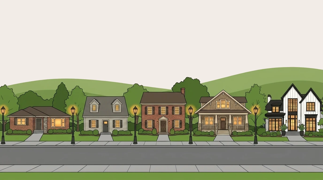 Illustration of a residential street at dusk, every window glowing
