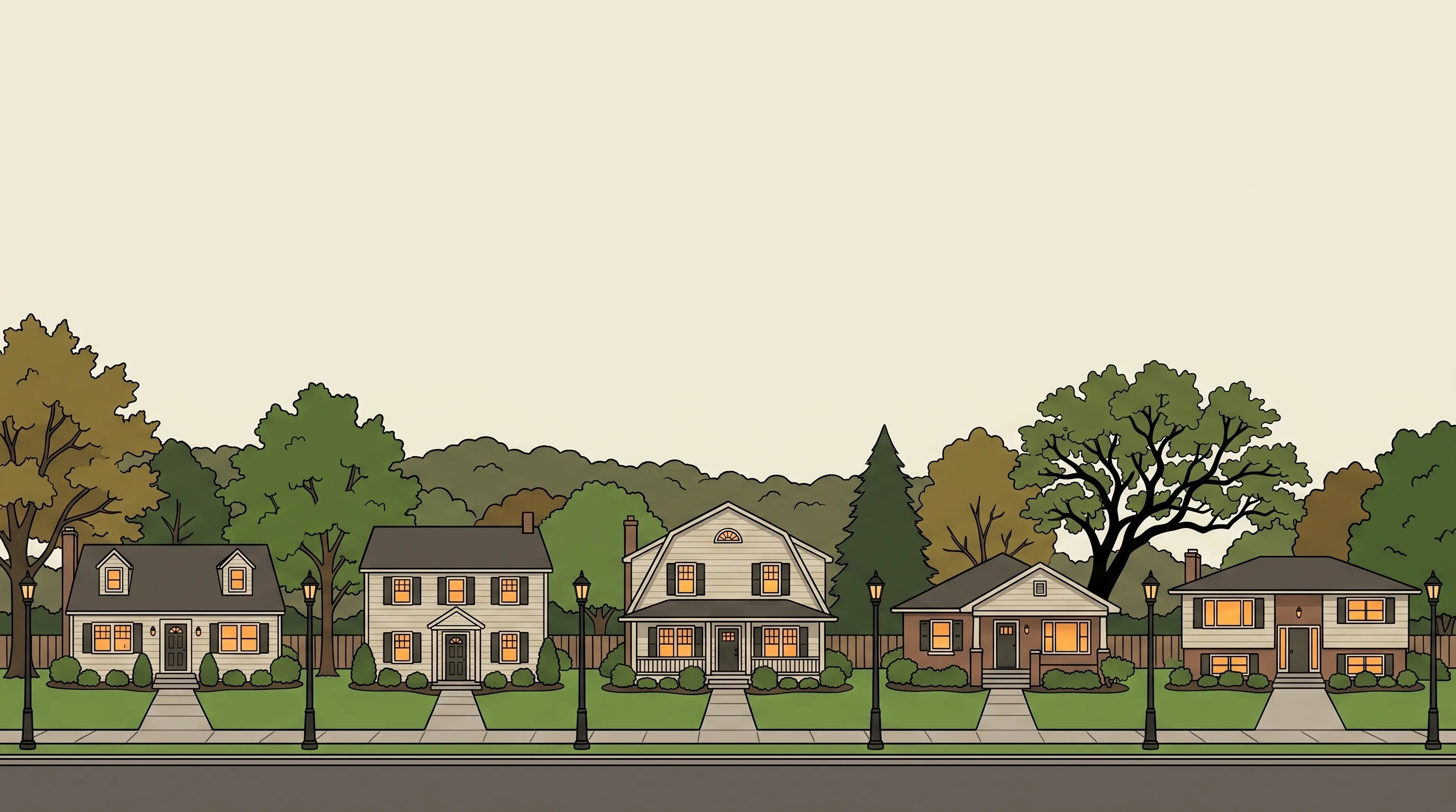 Illustration of a residential street at dusk, every window glowing