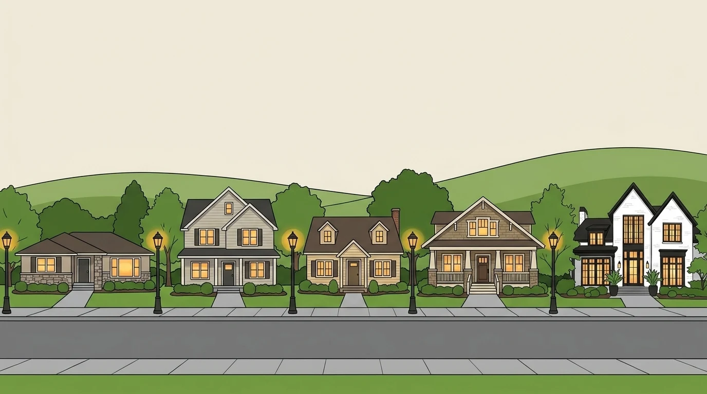 Illustration of a residential street at dusk, every window glowing
